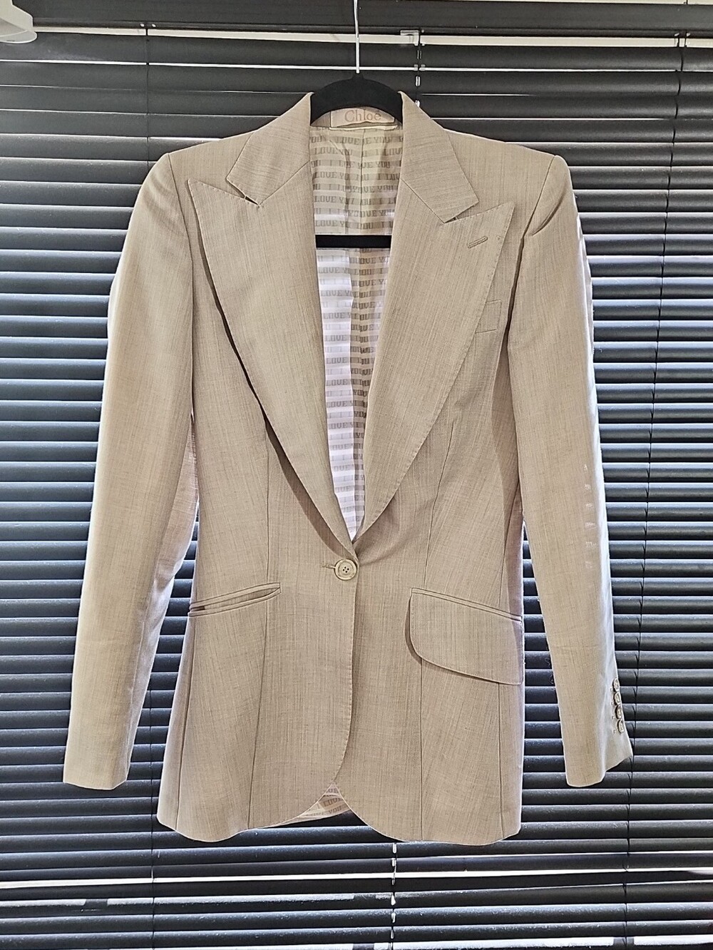Chloe' Beige I Love You Silk Mohair & Wool Tailored Single-Button Blazer Size 38